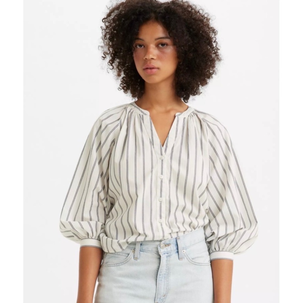 Levis Lainey Blouse Womens XXL Striped Button Down Cotton Balloon Sleeve Peasant